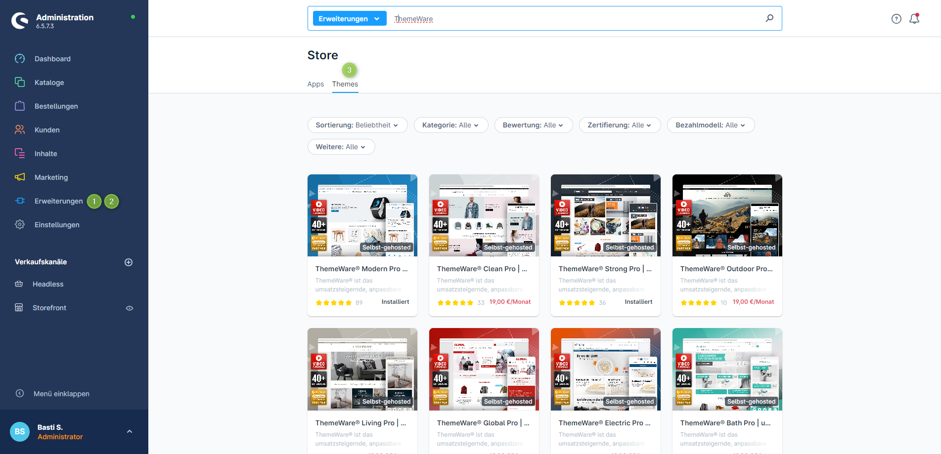 Shopware Store in administration with ThemeWare themes