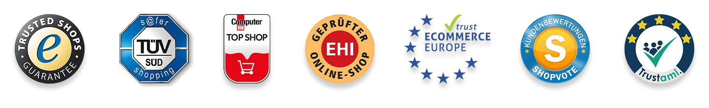 ThemeWare® Zertifizierungen: Trusted Shops, TÜV Süd, EHI, eCommerce Europe